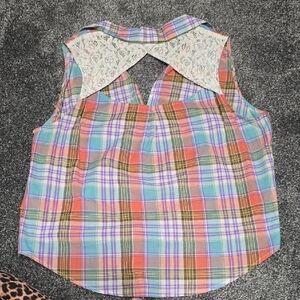 Cato Multicolor Plaid Top with Lace Accent
